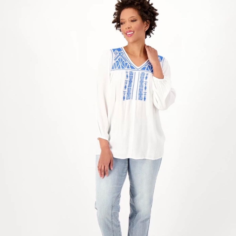White V-Neck Tunic Top with Blue Embroidered Yoke size XS